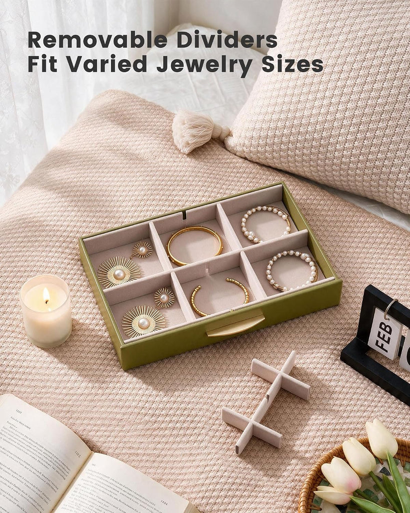 Jewelry Box Organizer with Glass Lid for Women -4Layer, Olive Green