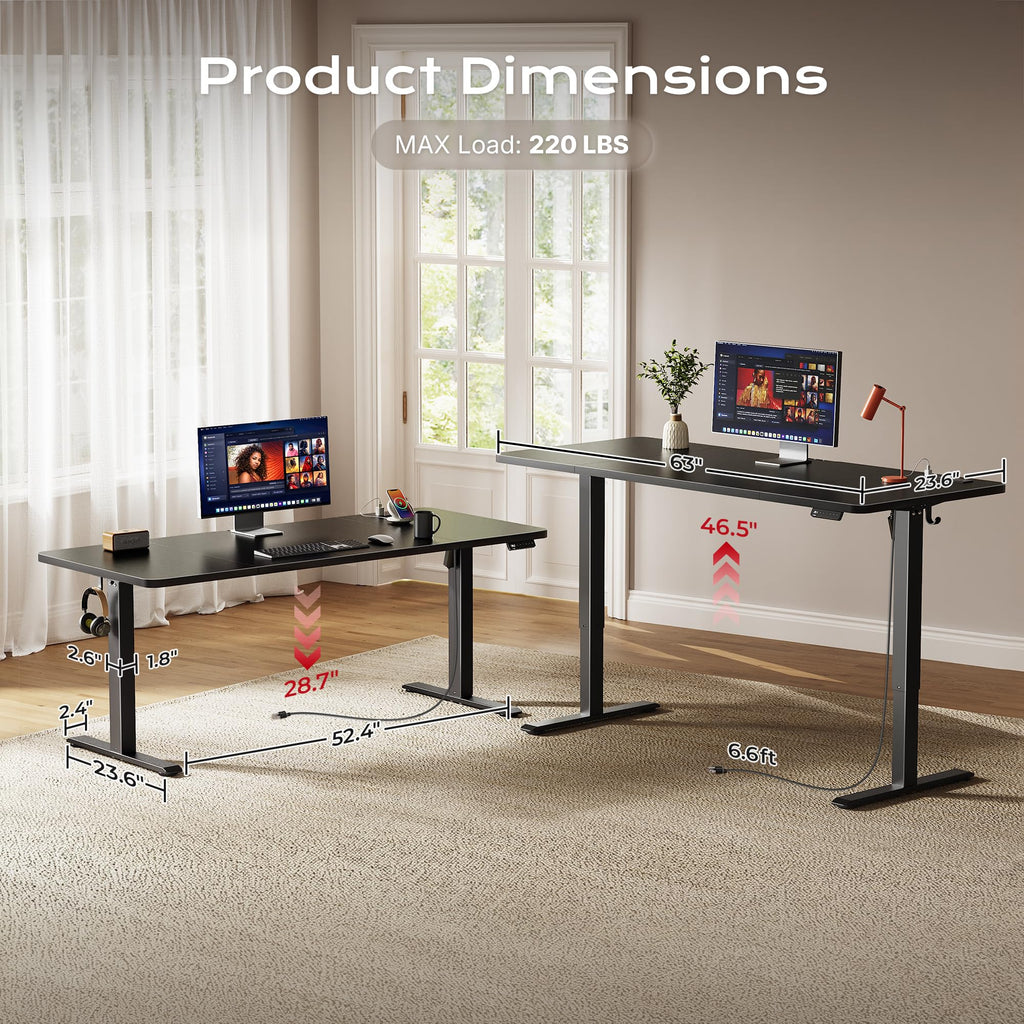 63 X 24 Inch Electric Standing Desk with Power Outlets and USB-C Port, Height Adjustable Desk, Sit Stand Desk