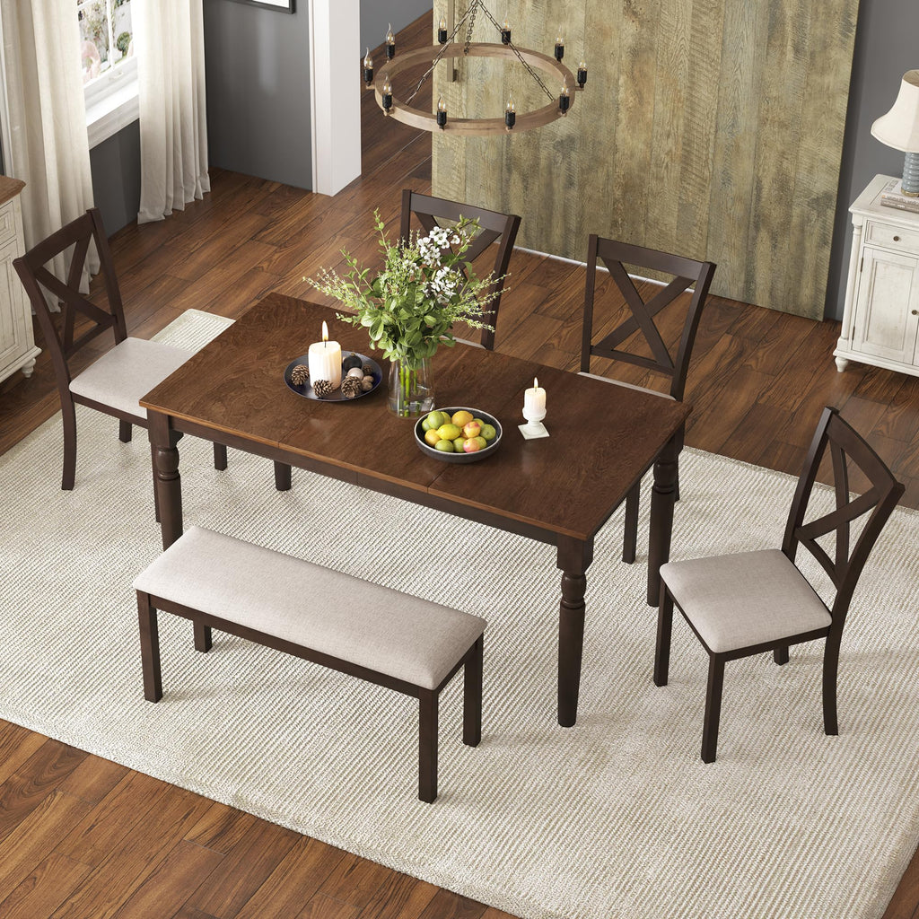 6 Piece Farmhouse Dining Set with 60" Solid Wood Table, Brown