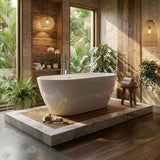 Freestanding Bathtub 59 Inch, Oval Acrylic Stand Alone Tub with Chrome Drain, Modern White Soaking Tub for Bathroom