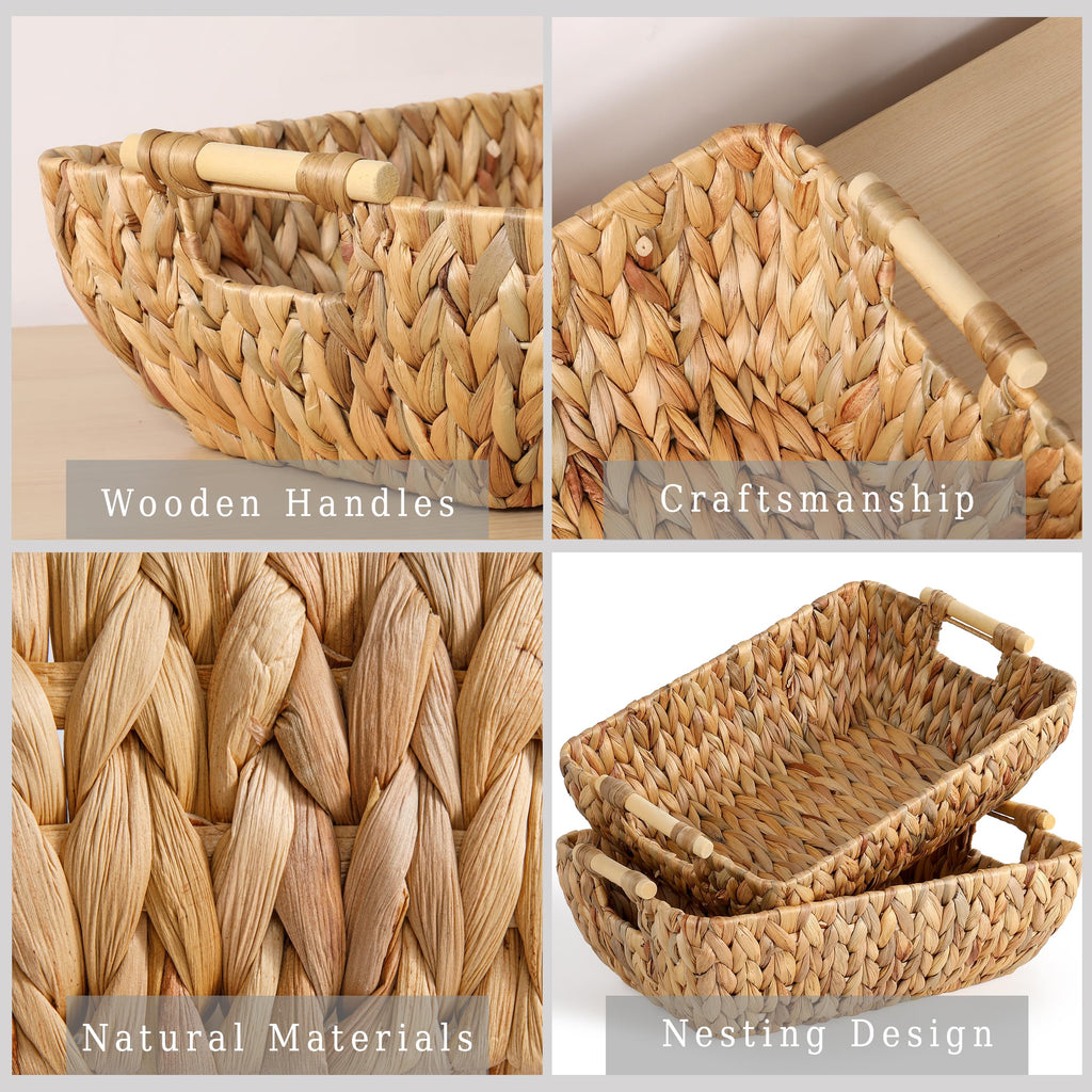 Water Hyacinth Storage Baskets with Wooden Handles, Large Wicker Baskets for Organizing Set of 2