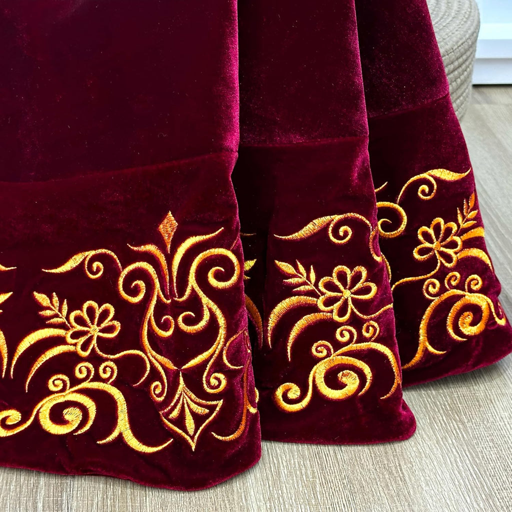 84-Inch Victorian Velvet Christmas Tree Skirt with Gold Damask Embroidery and Plush Lace Ties, Burgundy