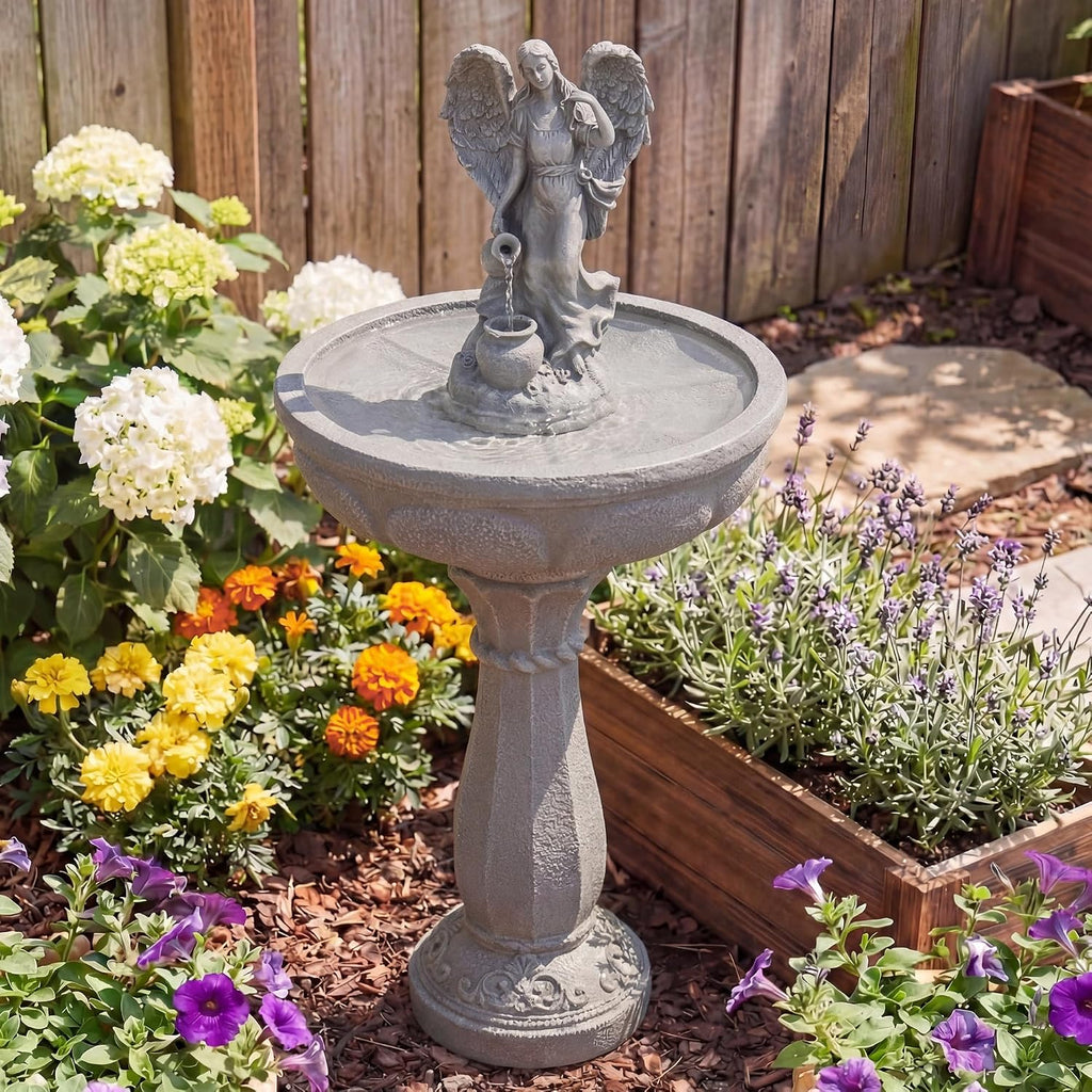 37" Outdoor Water Fountain, Angel Fountain with Pouring Water | Single-Tier Pedestal Water Feature, Resin &