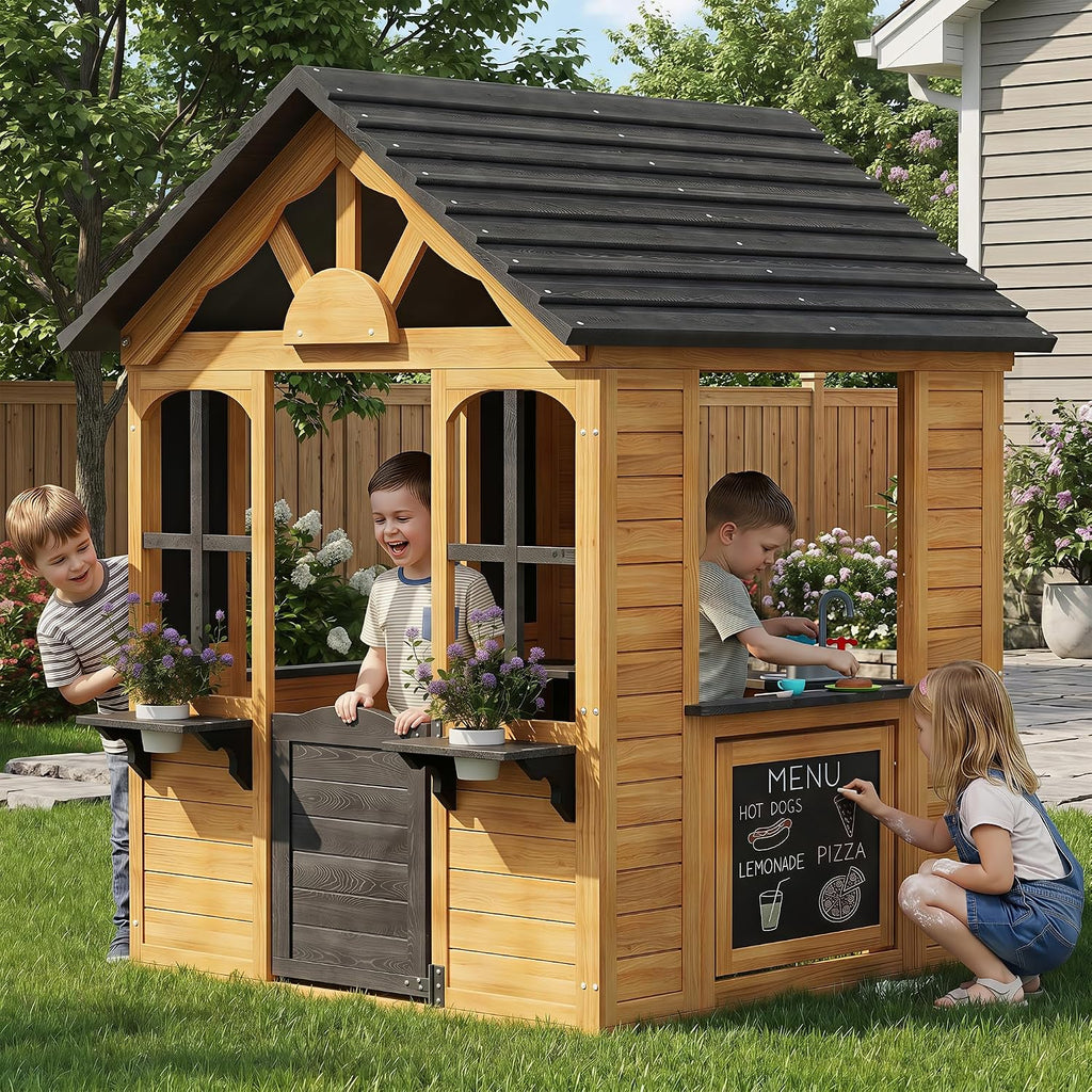 Kids Outdoor Playhouse Wood Play House for Kids Ages 3-8 withPet Door | Backyard Cottage Playhouse with Play