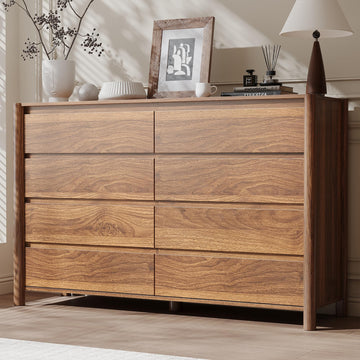 55" Wide Walnut 8 Drawer Dresser with Solid Wood Legs