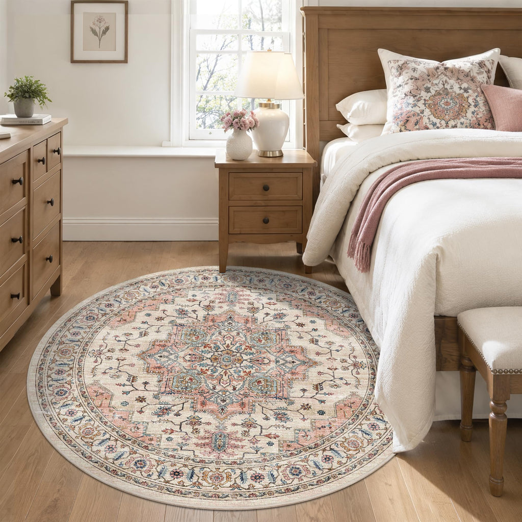 6ft Round Rug Low Pile Washable Vintage Circle Rug Indoor Carpet