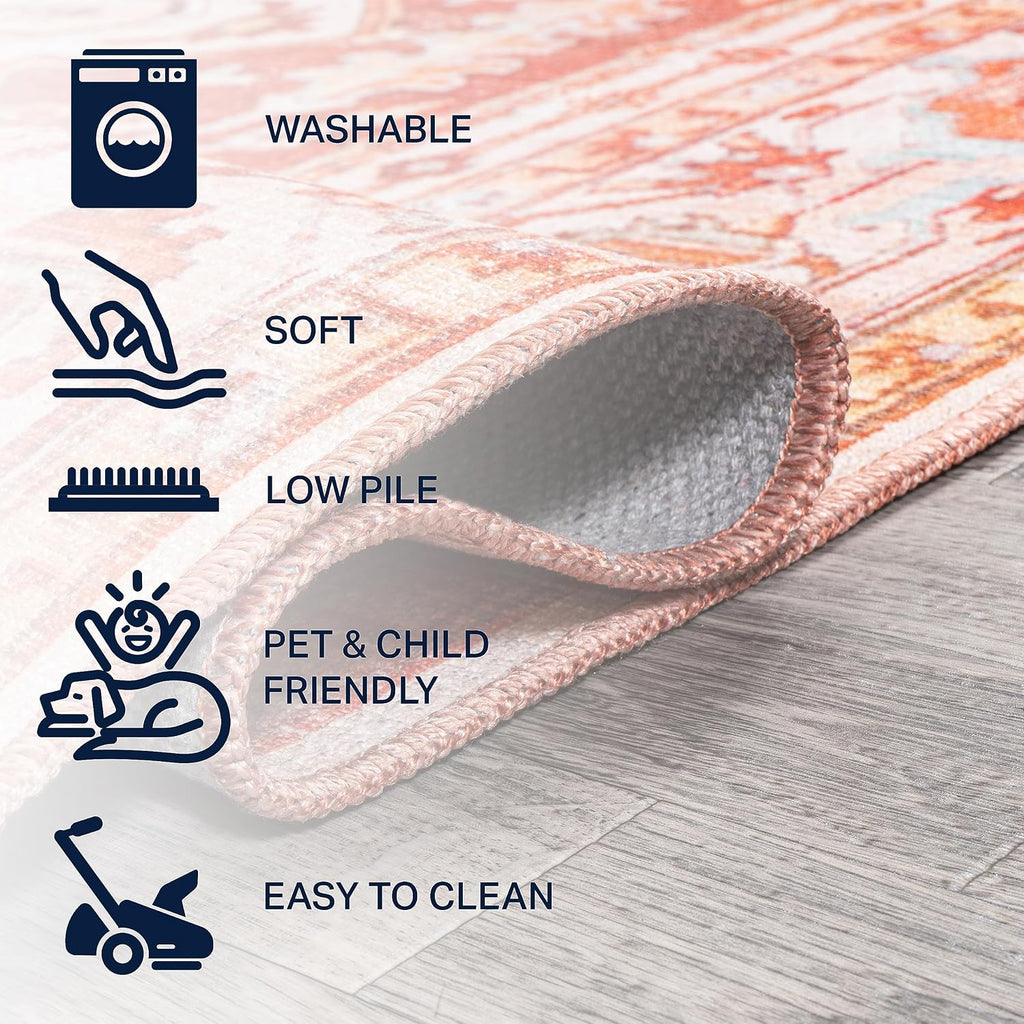 Machine Washable Orange/Cream Indoor Area Rug, ASA Ornate Medallion, Easy-Cleaning, High Traffic
