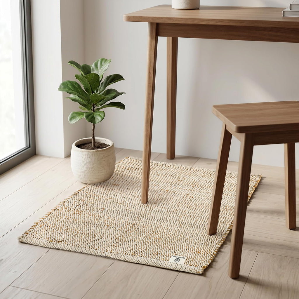 Jute Cotton Door Mat 2x3 ft Rectangle Hand Woven Natural Farmhouse Rugs, High Traffic Area - Rustic Vintage Bohemian