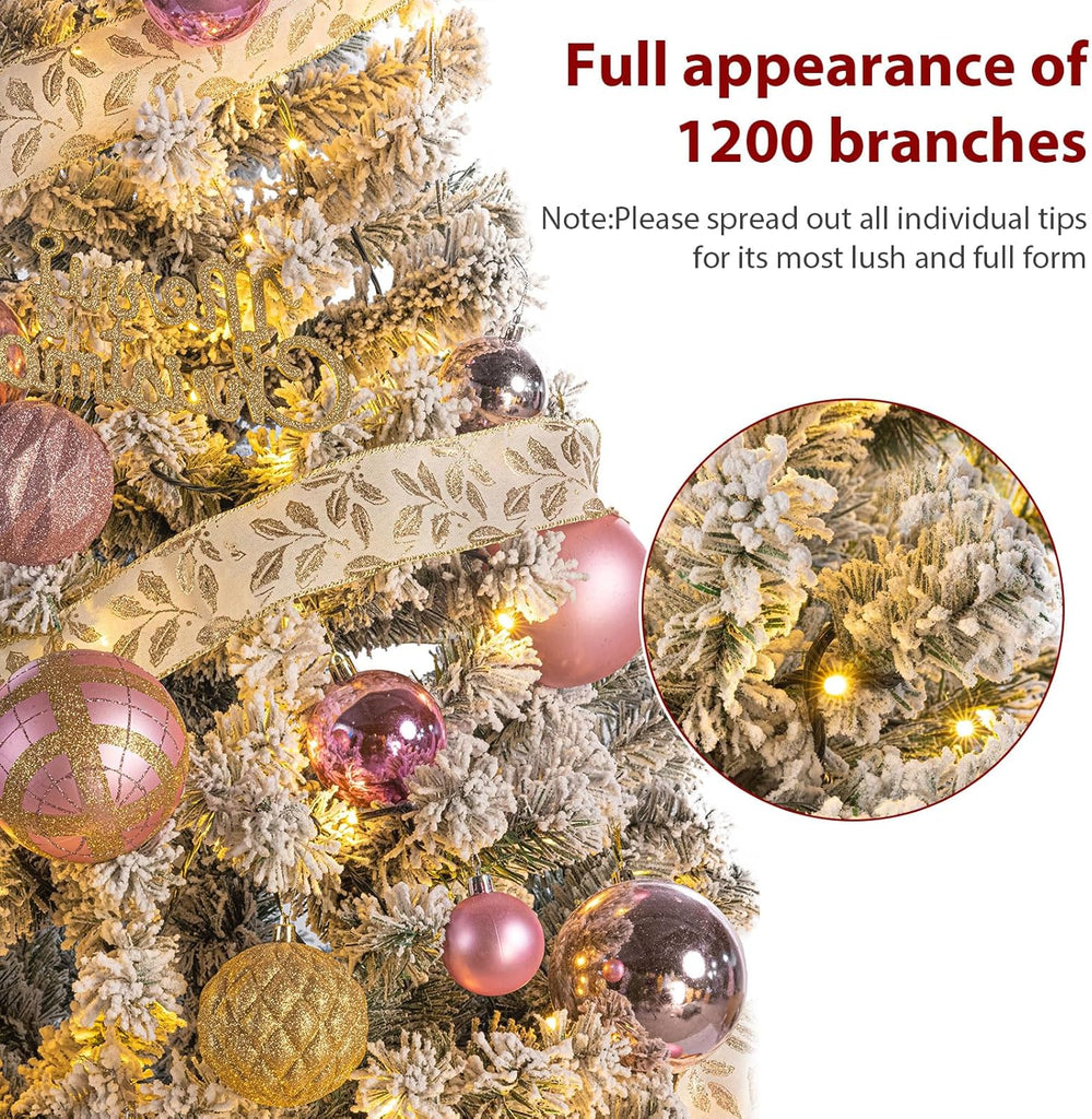 7FT Pre-Lit Artificial Christmas Tree, Hinged Snow Flocked Xmas Tree with 1200 Realistic Branch Tips, Premium Metal