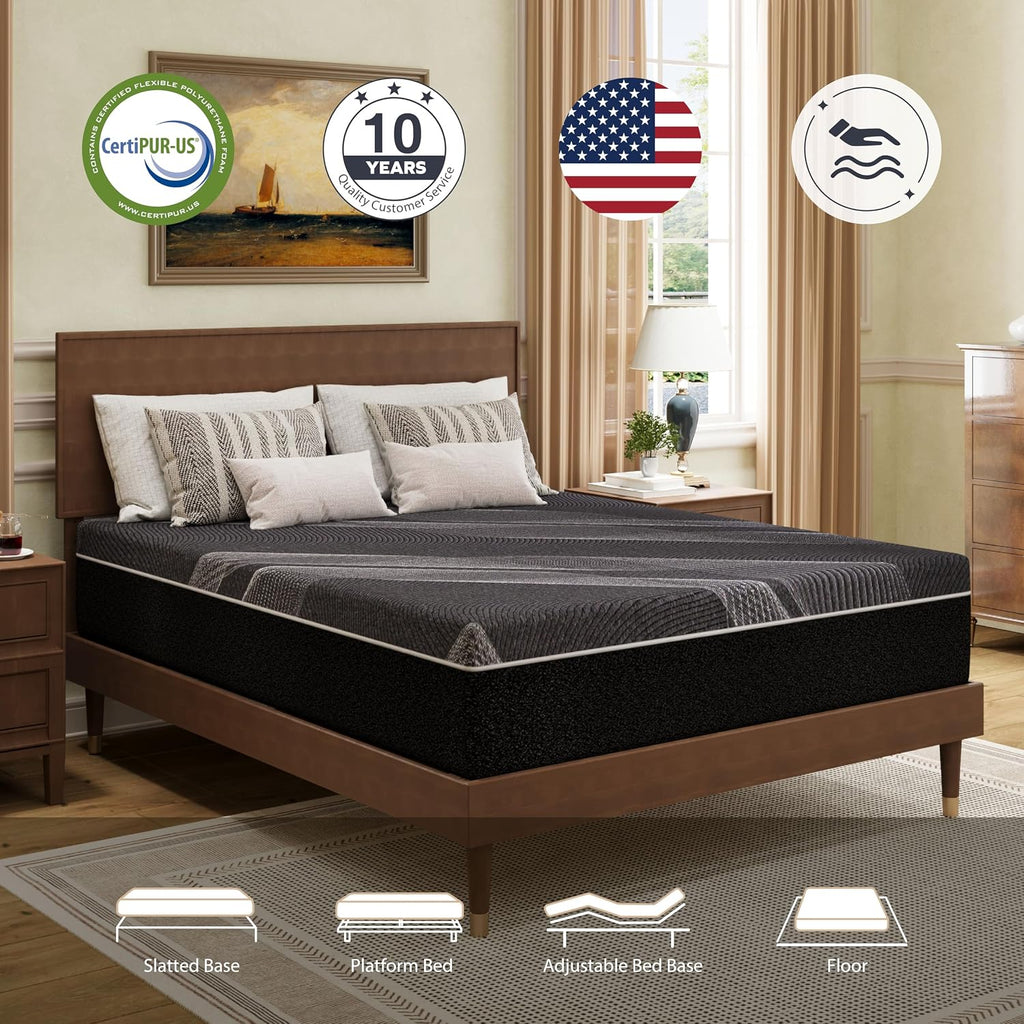 Queen Size Mattress 12 Inch Gel Memory Foam Medium | Cooling & Back Pain Relief, Fiberglass Free, CertiPUR-US