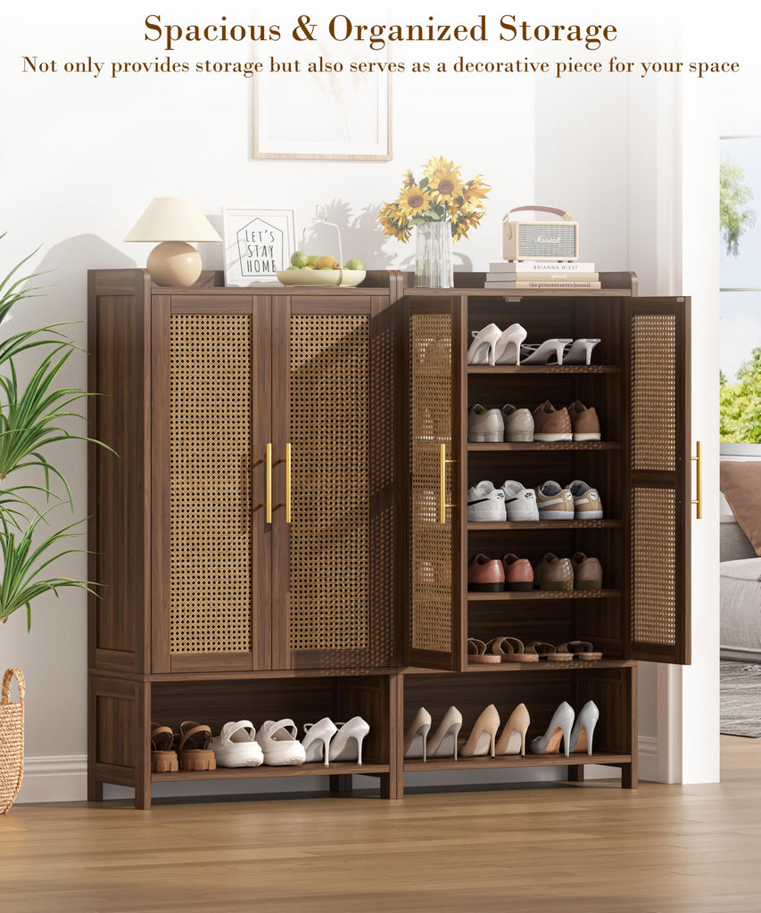 Rattan Shoe Cabinet with Doors & Adjustable Shelves, Walnut