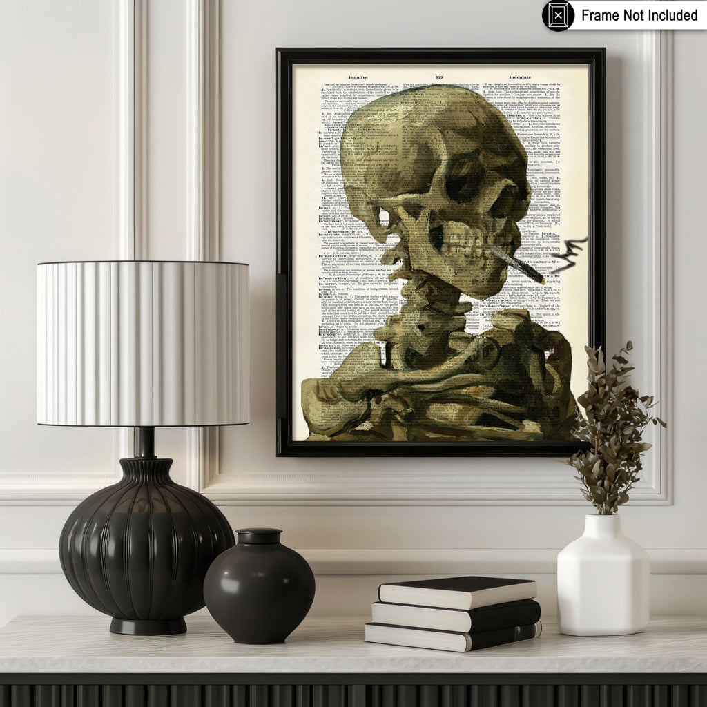 Master Dictionary Art Poster - Retro Skull of a Skeleton with Burning Cigarette Print - Gift for Men, Women