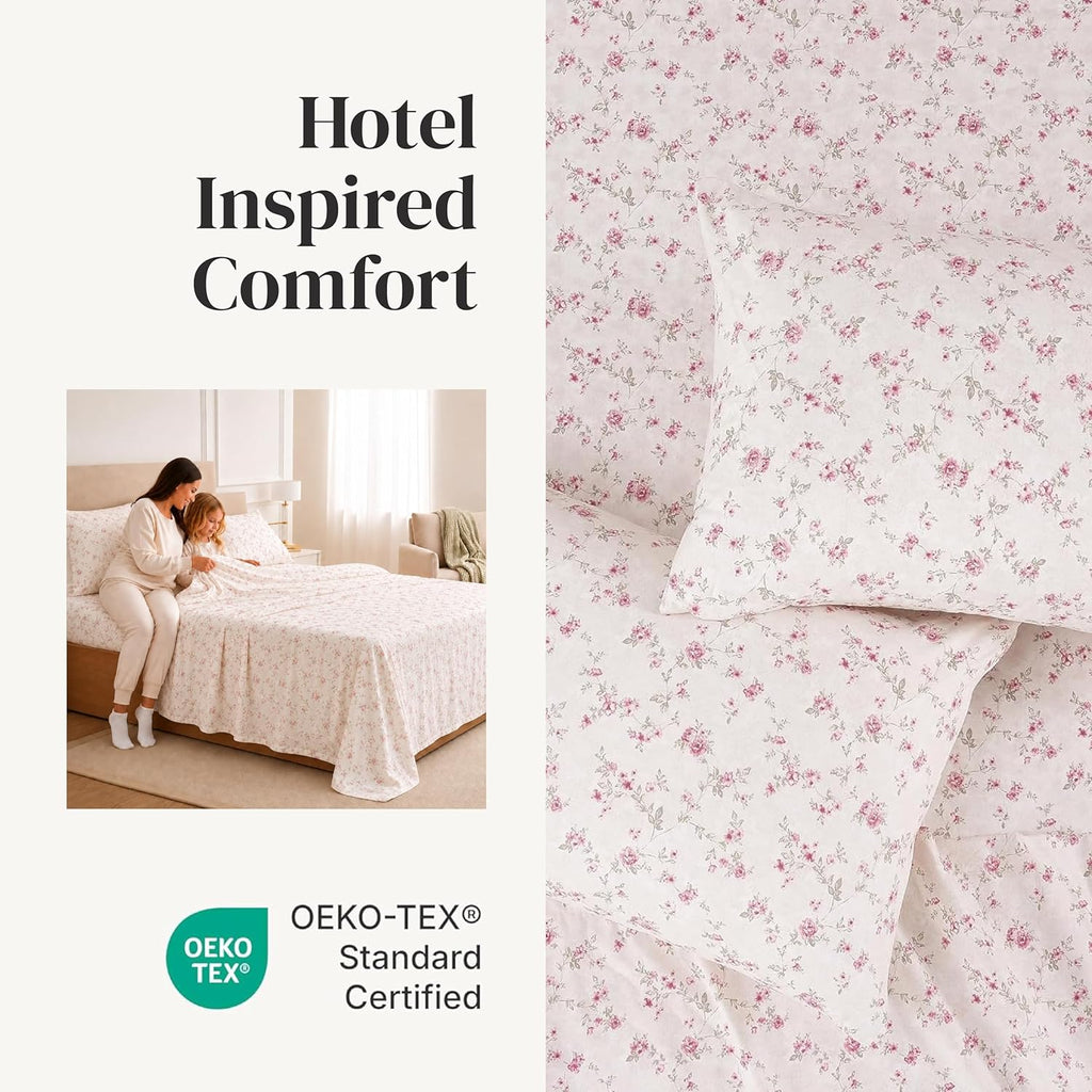 4-Piece Ultra Soft Microfiber Bed Sheets Set, Wrinkle Free Sheets with Deep Pockets Fitted Sheet, Flat Sheet & Pillowcases, Lightweight Breathable Bedding, Floral Rose, Queen