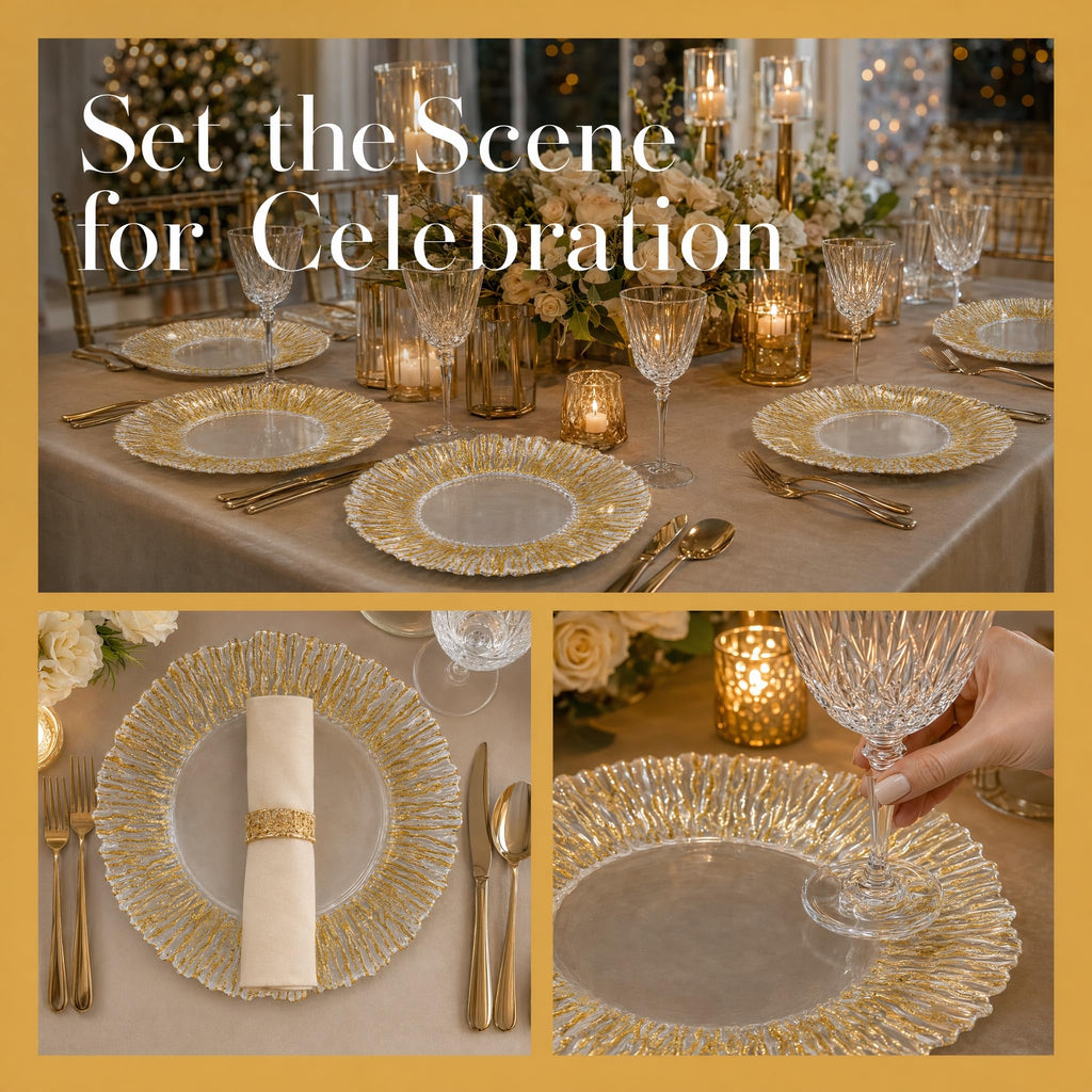 Gold Reef Glass Charger Plates, Set of 4-13 Inch Round Clear Chargers for Dinner Settings with Bottom Foil Accent