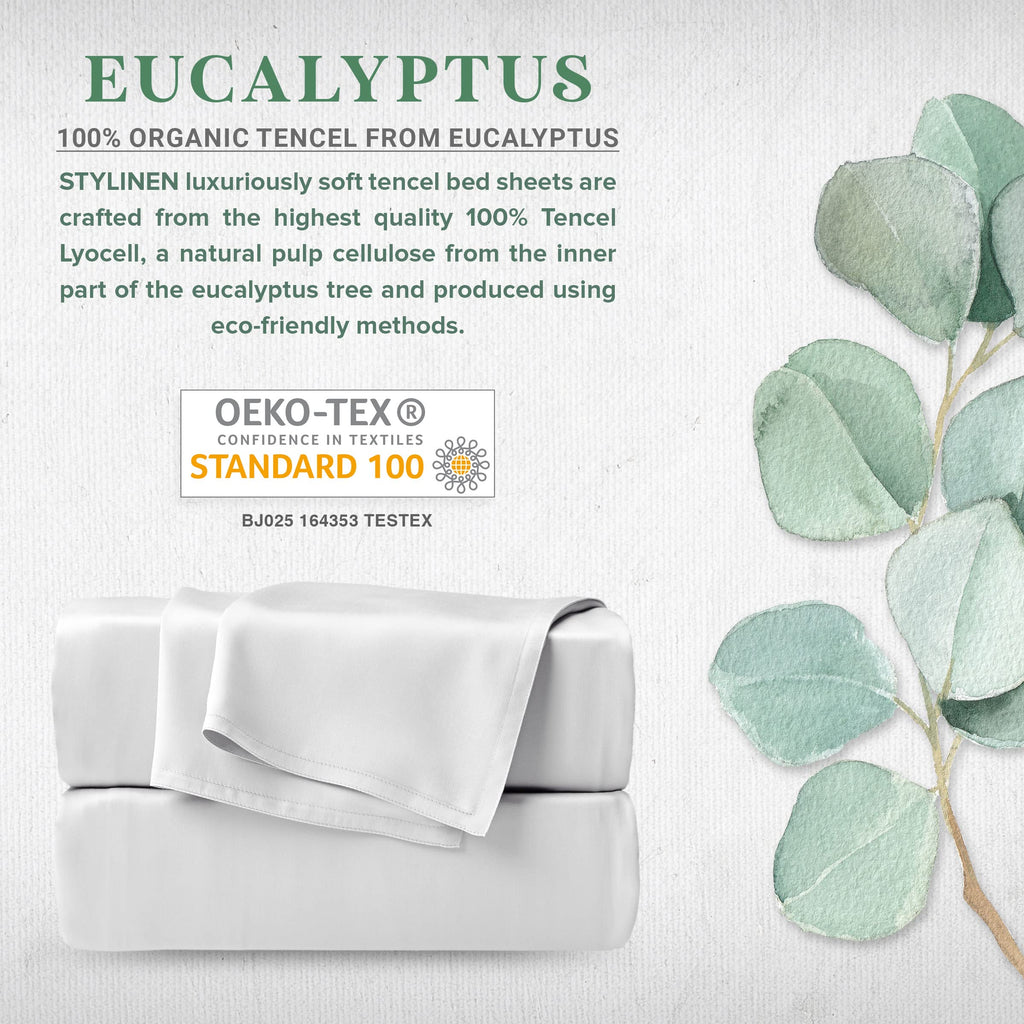100% Organic Eucalyptus Bed Sheets Queen Size 4 Piece Set, Tencel Lyocell, Silky Soft & Smooth, Breathable, 16 Inch