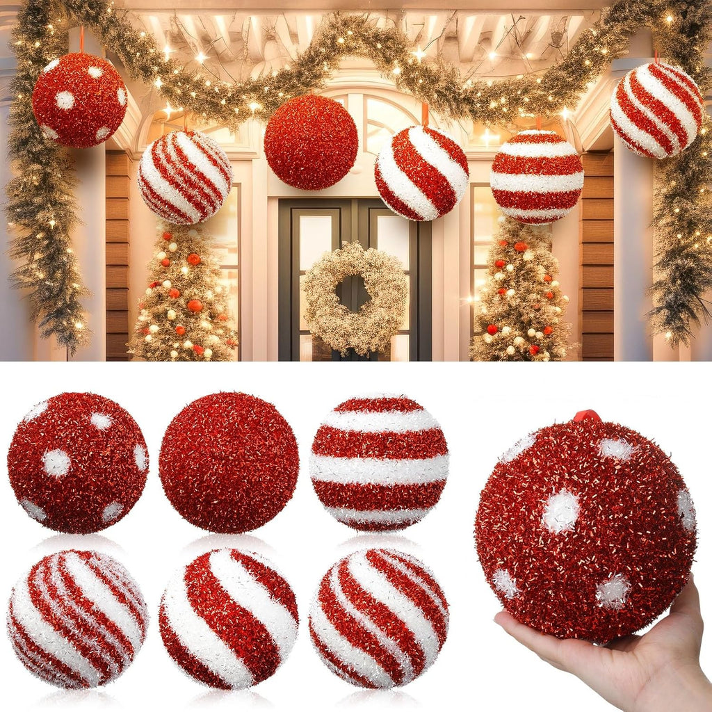 6 Pcs Jumbo 6 Inch Christmas Ball Ornaments Tinsel Balls, Candy