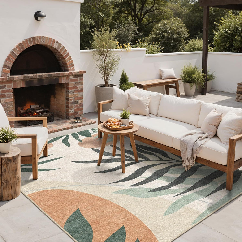 Outdoor & Indoor Area Rug 5'x8', Waterproof, Non-Shedding, Easy Cleaning, Leaf Mat for Patio, Living