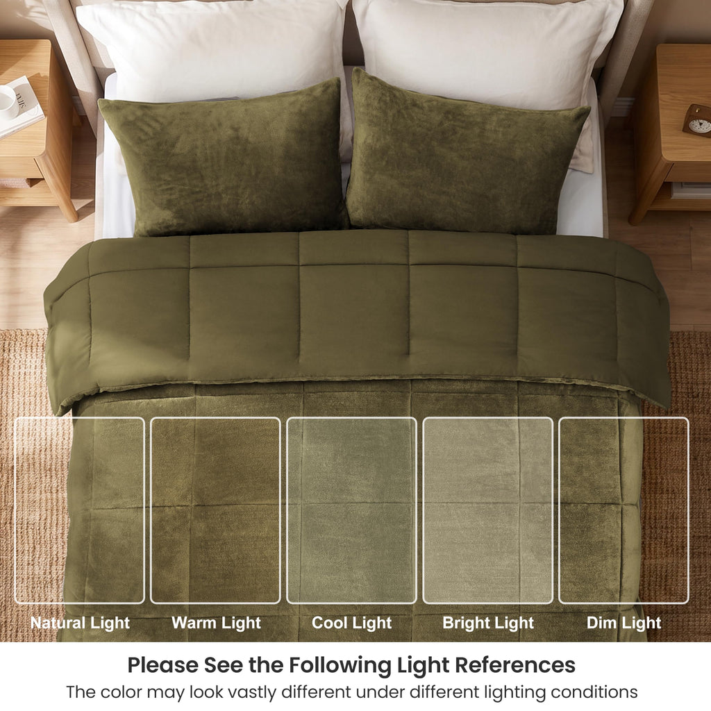 Flannel Comforter Set, Plush Jacquard, Olive Green