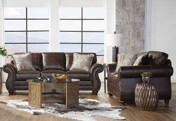 Leinster Faux Leather Sofa and Loveseat with Antique Bronze Nailheads in Espresso