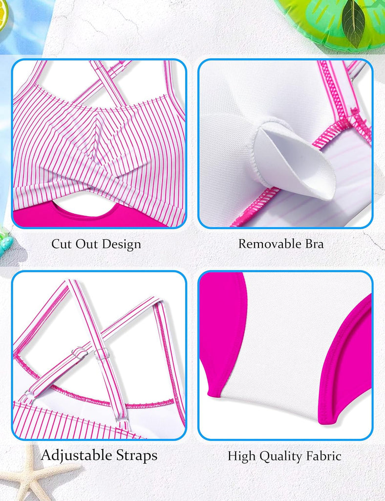 Girl Swimsuit One Piece Cutout Ruched Bathing Suit for Girls Color Block Adjustable Straps Pad Swimwear