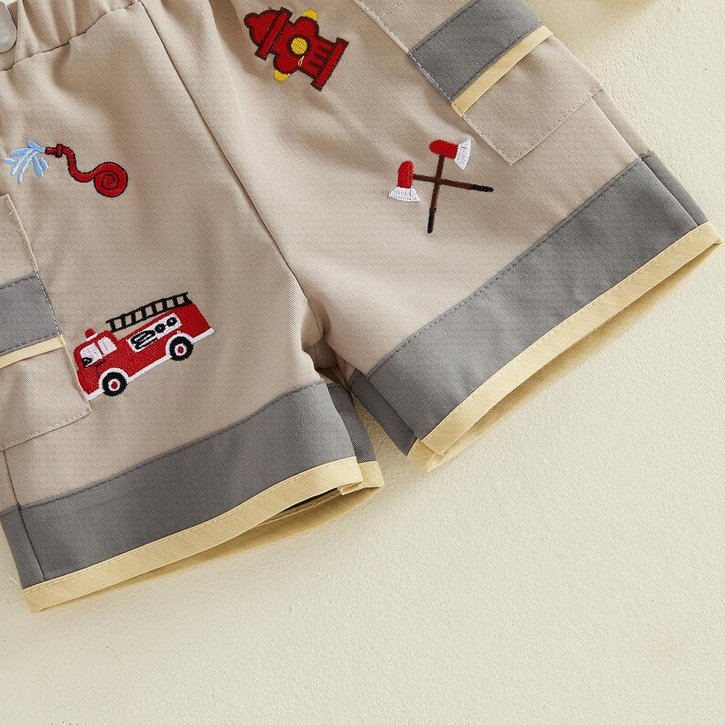 Toddler Baby Boy Summer Clothes Firefighting T Shirt Suspender Shorts Set