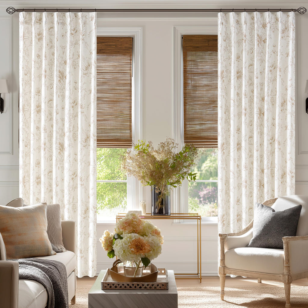 84 Inch Linen Curtains Beige Tan Floral Pattern Pinch Pleat Drapes Bedroom