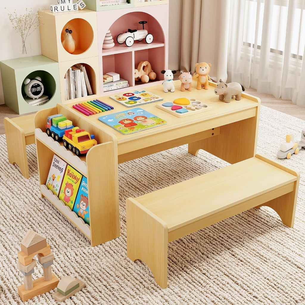 Montessori Kids Table and Bench Set, Kids Table and Chairs Set, Indoor Kid Craft Tables with Storage, Toddler Desk