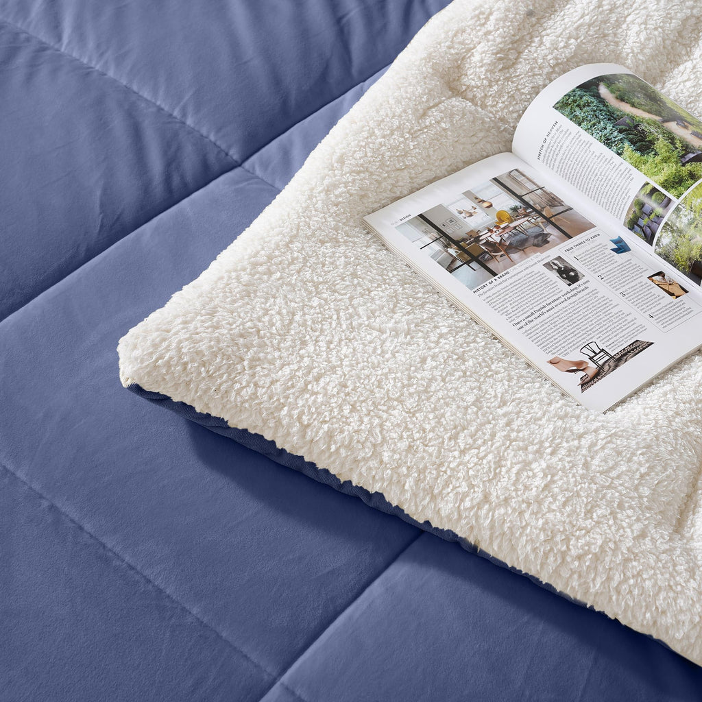 Fluffy Sherpa Comforter Set, Thick Bedding Set 3PC, Slate Blue