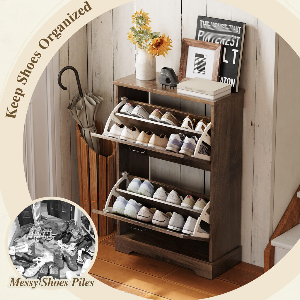 Farmhouse Shoe Storage Cabinet with 2 Flip Drawers, 23.6"(W) Freestanding Shoe Organizer with Barn Door and Metal