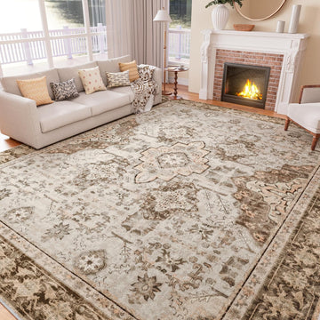 8x10 Area Rugs, Large Non-Slip Washable Rug, Boho Vintage Retro Medallion Print Pattern Carpet Dining Room Home