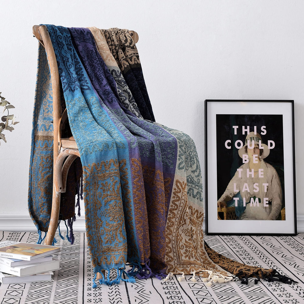 Boho Throw Blanket - Hippie Chenille Jacquard Bohemian Chair Couch Sofa and Bed Furniture Cover with Colorful Tribal