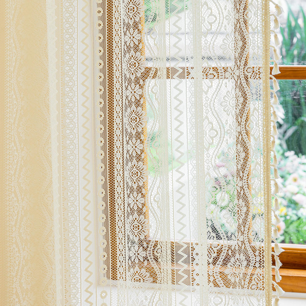 Beige Lace Tier Curtains 24 Inch Length 2 Panels Kitchen Cafe Sheer Short Boho Half Country Rod Pocket Curtains for