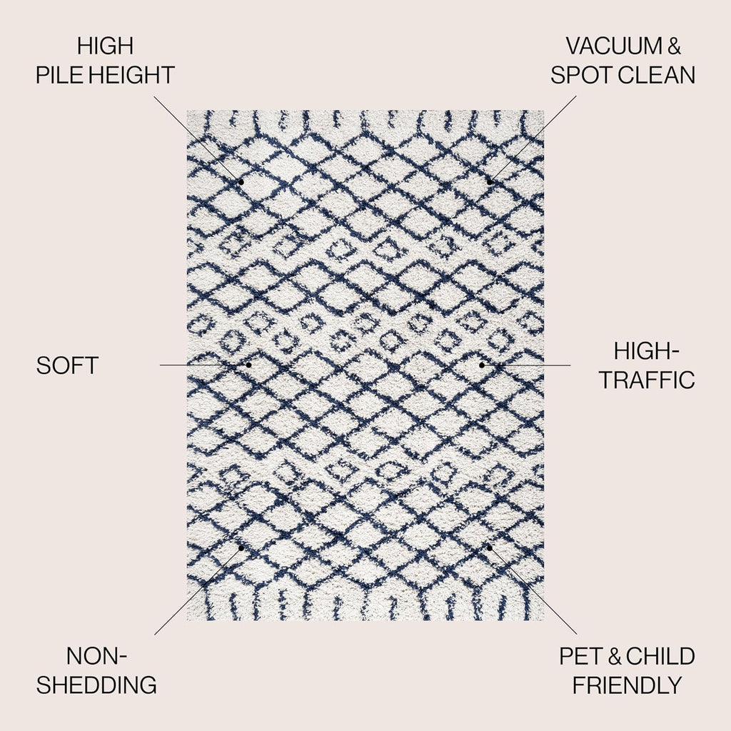 Diamond Shag Beige/Navy Indoor Area Rug, Algaida Moroccan, Easy-Cleaning, High Traffic, Pet-Friendly