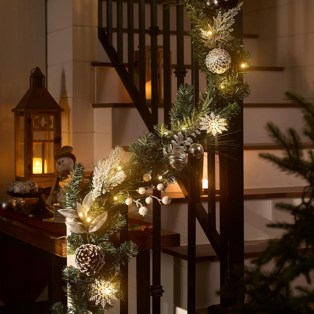 9 Feet Pre-Lit Christmas Garland with Lights for Mantle, Lighted Outdoor Xmas Garland with Silvery White Ball