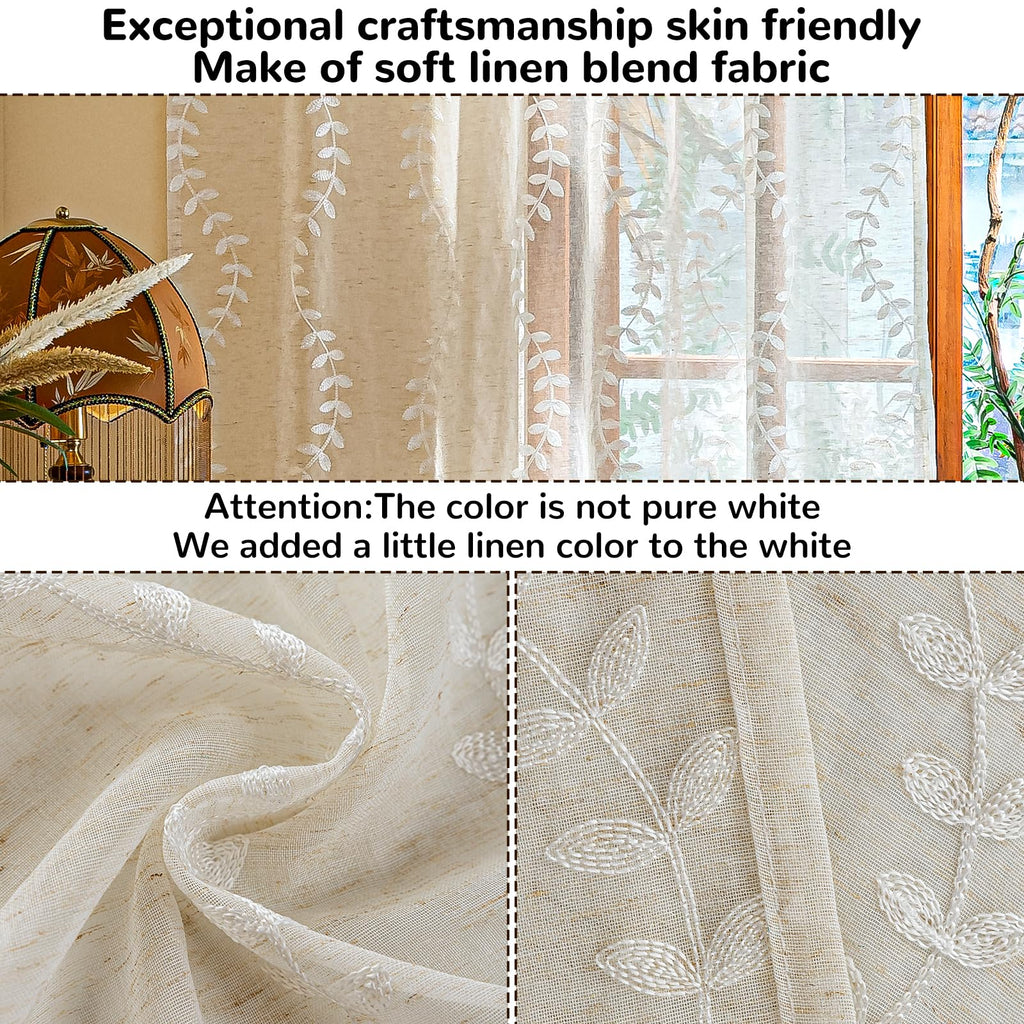 2 Panels Linen Leaf String Floral Embroidered Semi Sheer Curtain Farmhouse Voile Curtains Bedroom Window Treatment