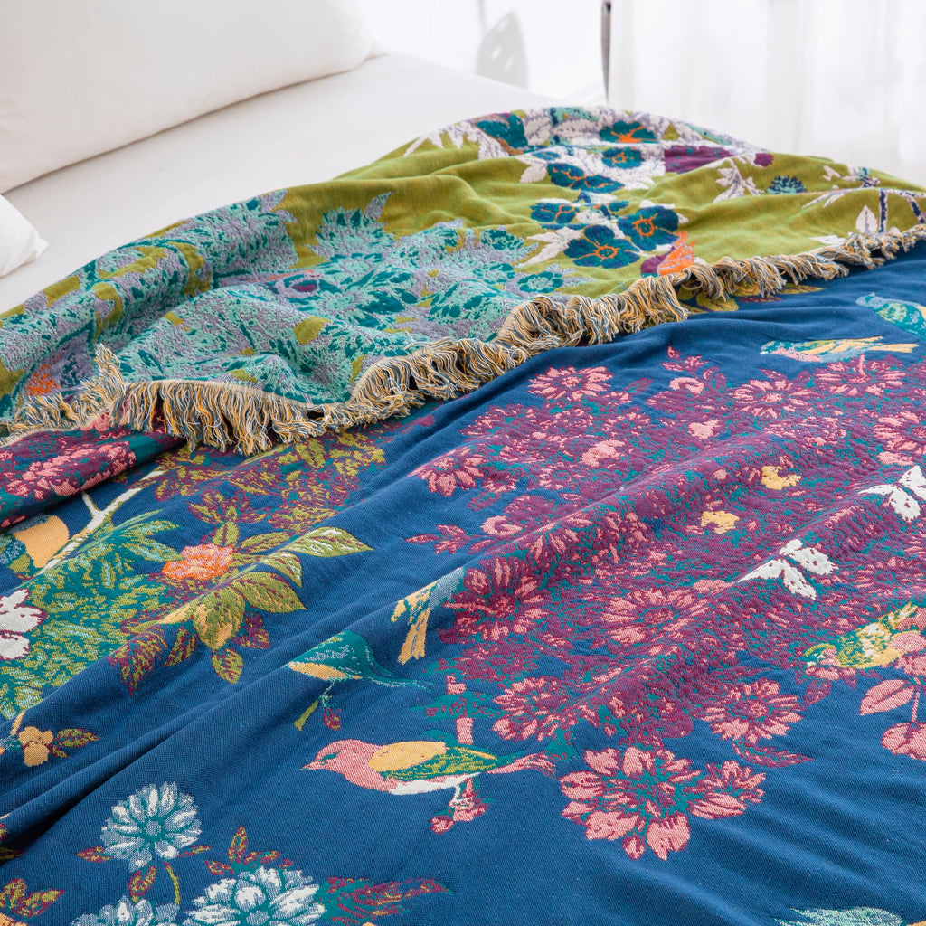 90"x98" Bohemian Floral Muslin Blanket Throw Blue Birds Gauze Quilt Bedspread Farmhouse Rustic Vintage Cottage Woven