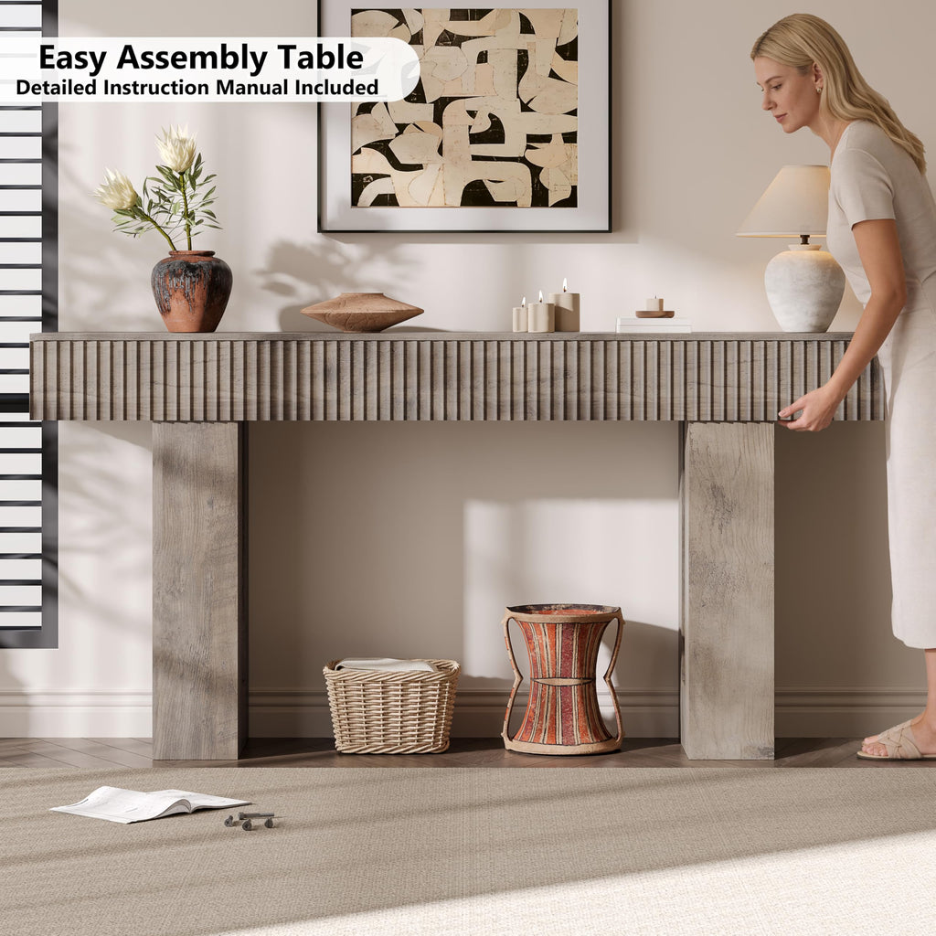 63-Inch Long Entryway Console Table with a Fluted Design, Thick Wood Farmhouse Sofa Table Behind Couch, Narrow