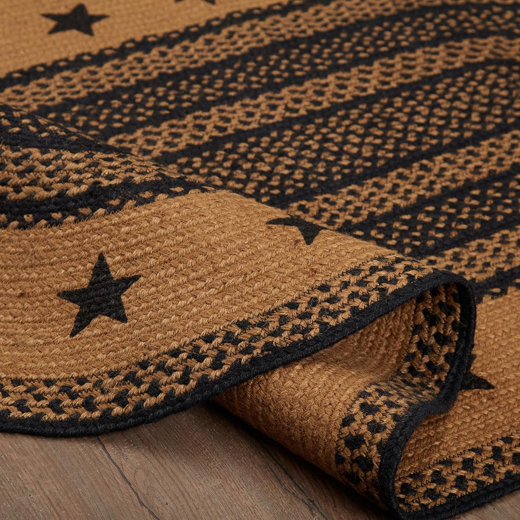 Farmhouse Primitive Black Jute Rug Oval Stencil Stars Border w/Pad 36"x60"