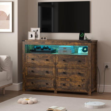 Brown Dresser 6 Drawer Dressers with LED Lights, Charging Station, Wood Chest of Drawers with Metal Handles, Modern