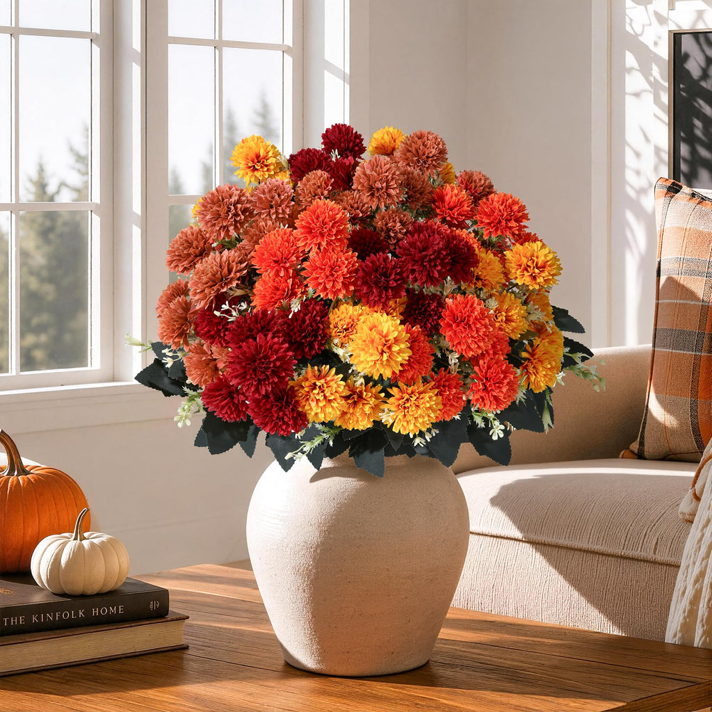 Fake Mums Artificial Fall Flowers for Outdoors Outside Decorations, 12 Bundles Silk Chrysanthemums Fall Flowers Faux