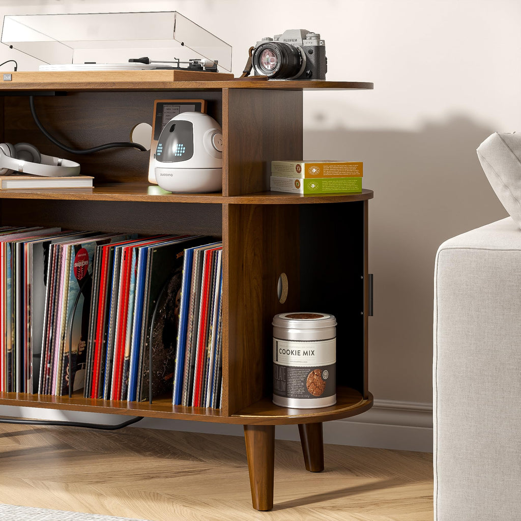 Large Round Record Player Stand with Charging Station & USB Ports (Brown)
