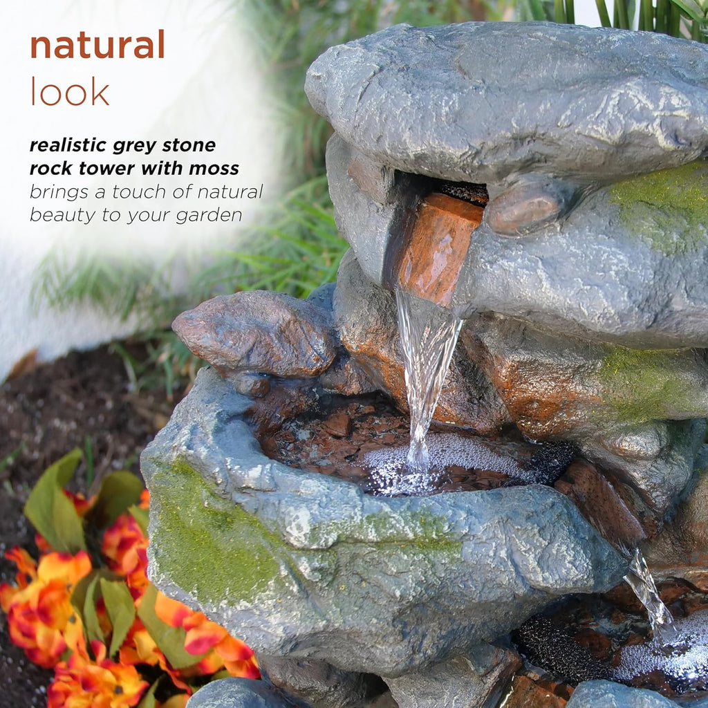22" Tall 3-Tier Outdoor Rock Waterfall Fountain with LED Lights, Natural Stone Look Decor, Gray