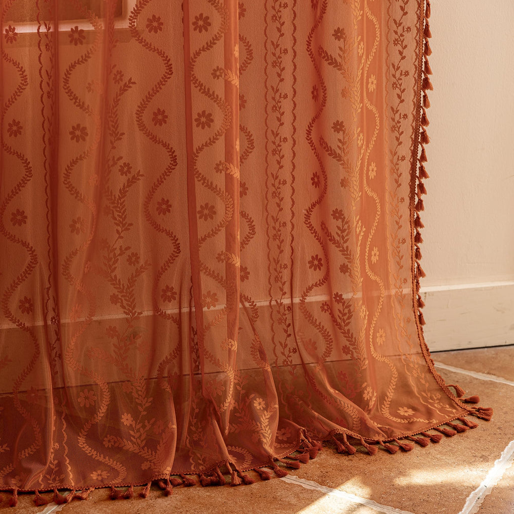 Boho Lace Curtains 84 Inch 2 Panels-Vintage Sheer Panel Drape Floral Pattern & Tassel Light Filtering Privacy Dining