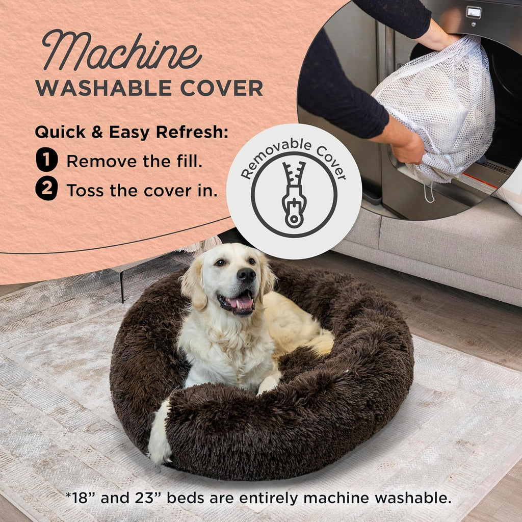 Bundle Set The Original Calming Shag Donut Cuddler Cat and Dog Bed + Pet Throw Blanket, Dark Chocolate, Large, 36x36