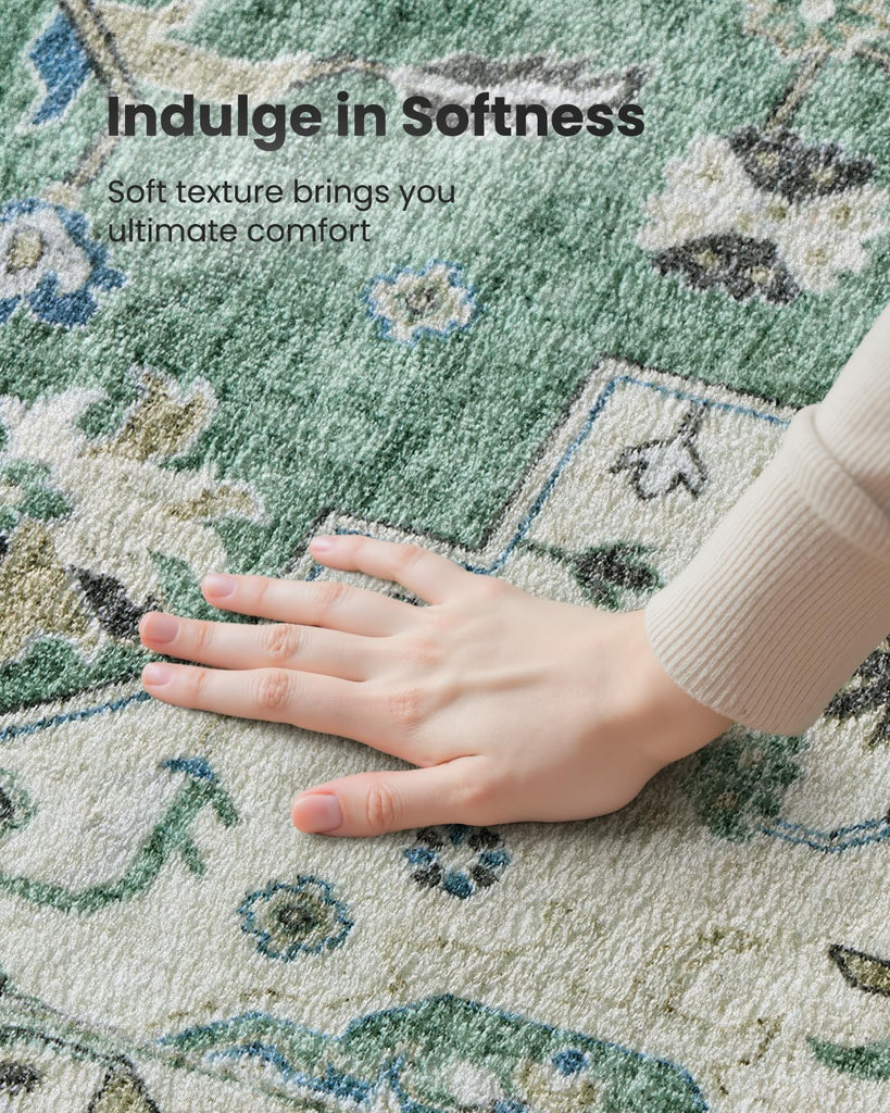 Washable Runner Rug, Dark/Green, Vintage Style
