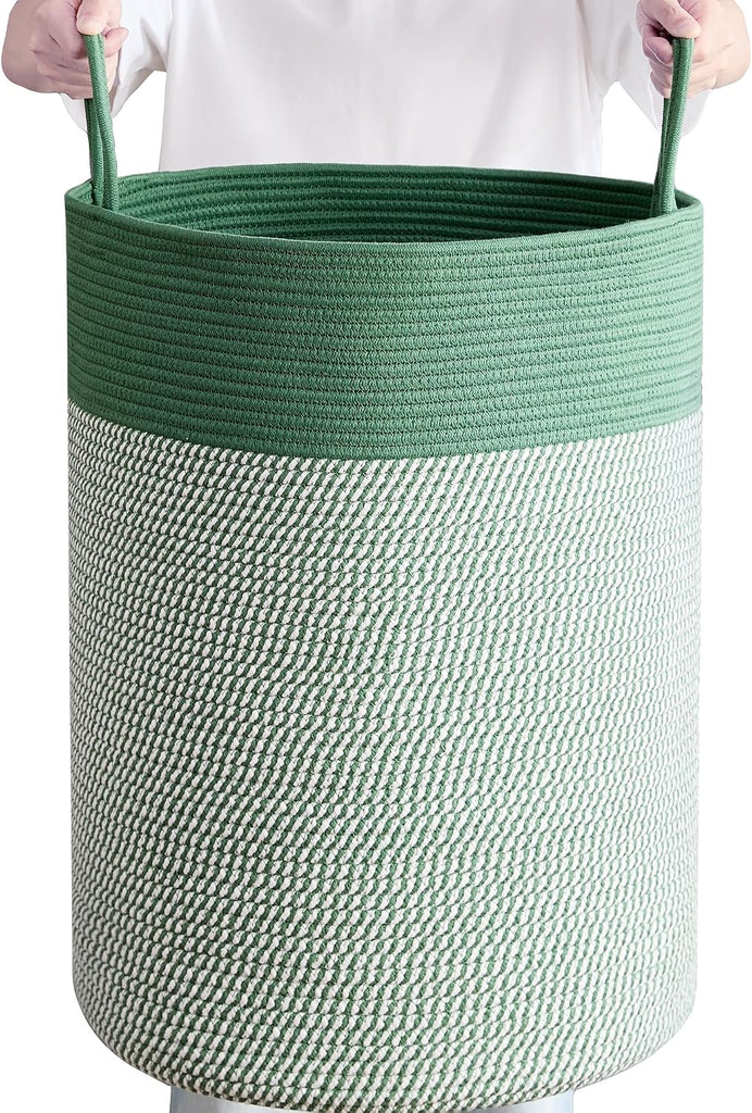 80L Large Green Hamper Tall Woven Laundry Basket | Cotton Rope Clothes Hamper Baby Nursery Hamper Bin for Girls Kids