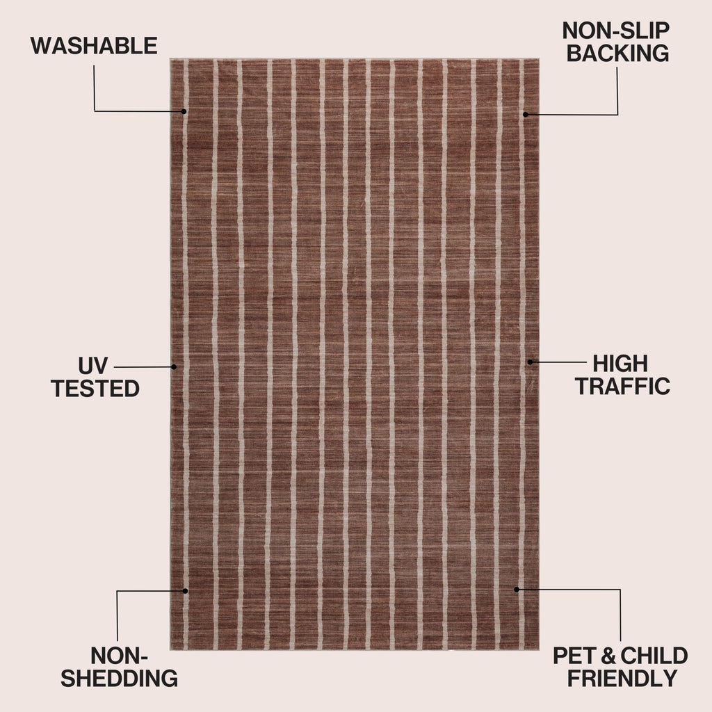 Washable Orton Distressed Ticking Stripe Machine-Washable Polyester Area Rug, Brown and Cream, Farmhouse