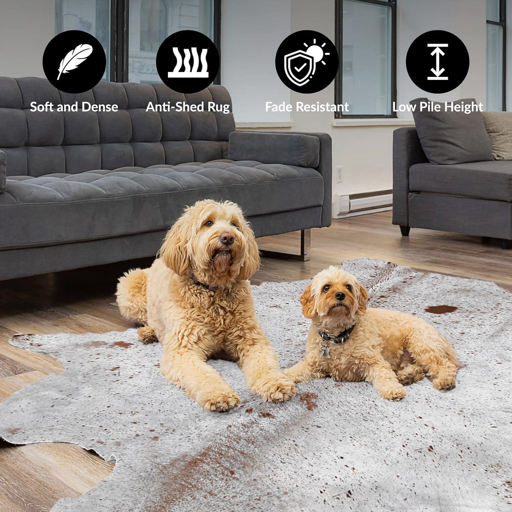 Kobe Cowhide Area Rug, Salt and Pepper White Brown, 5x7 ft | Low Pile, Shed-Resistant, Brazilian Tannery Leather