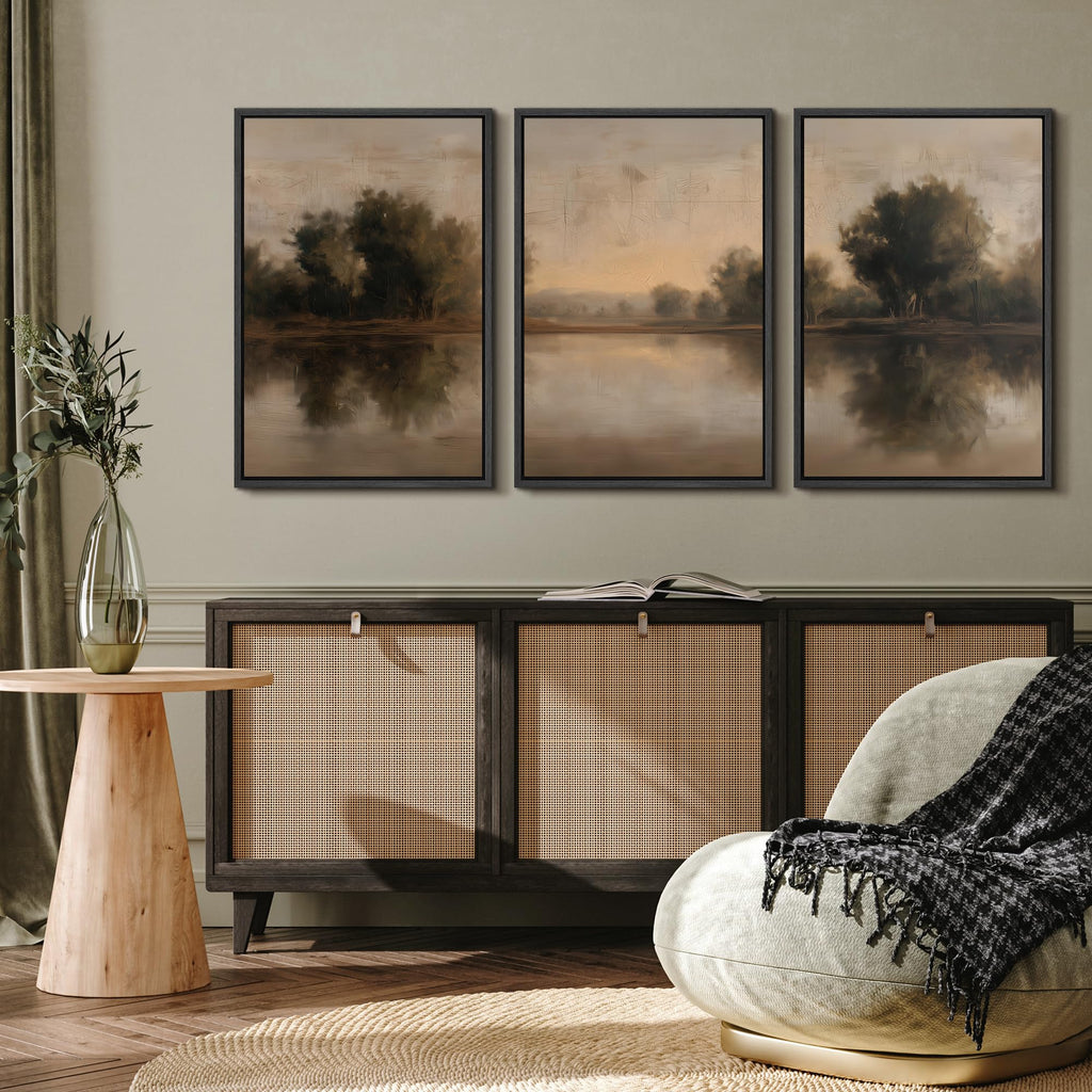 Framed Wall Art Print Set Neutral Tone Lake Reflection Landscape Illustrations Modern Art Boho Decorative Colorful