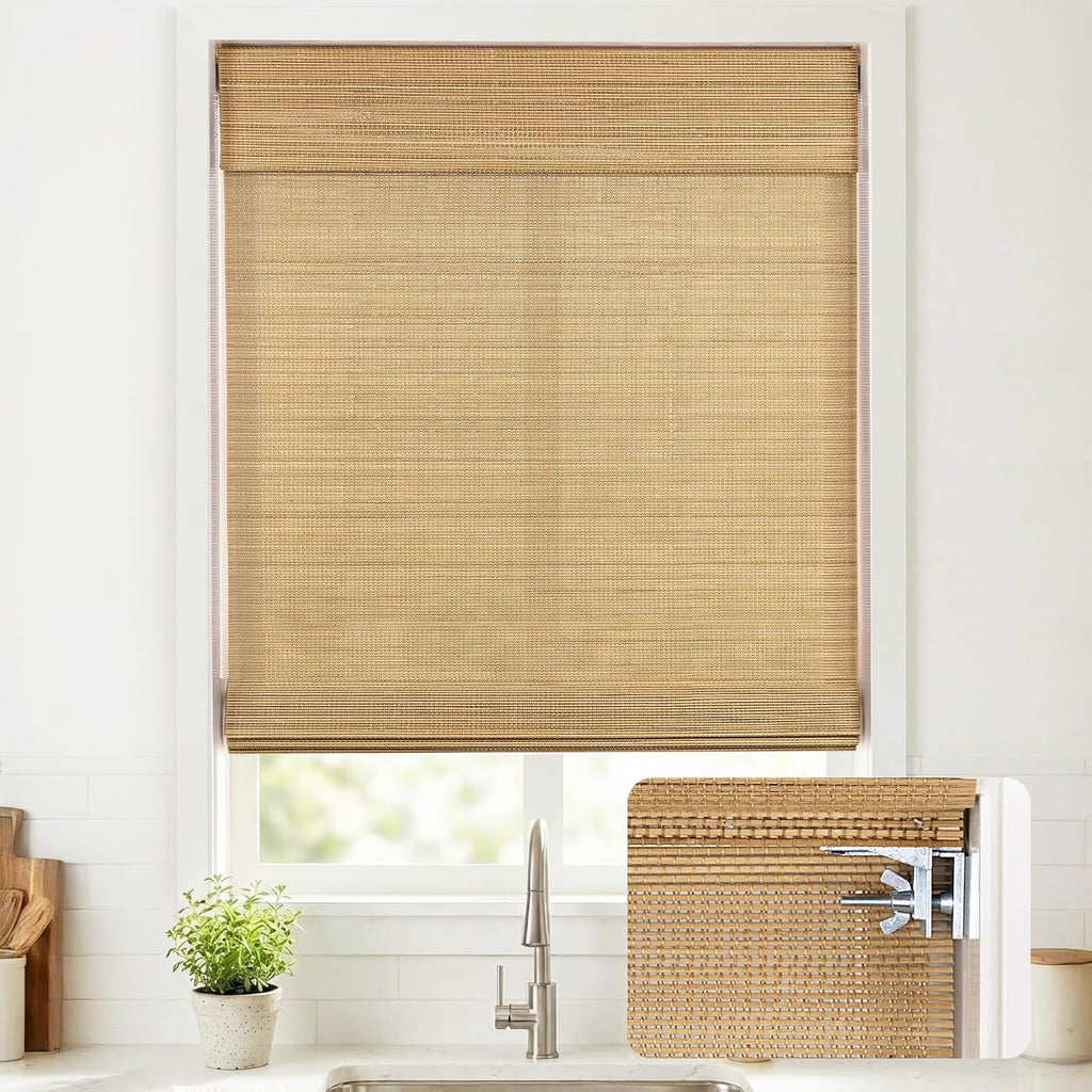 No Drill Cordless Bamboo Roman Shades, 24×64 in, Carbonized | Natural material, Light Filtering, Easy Install